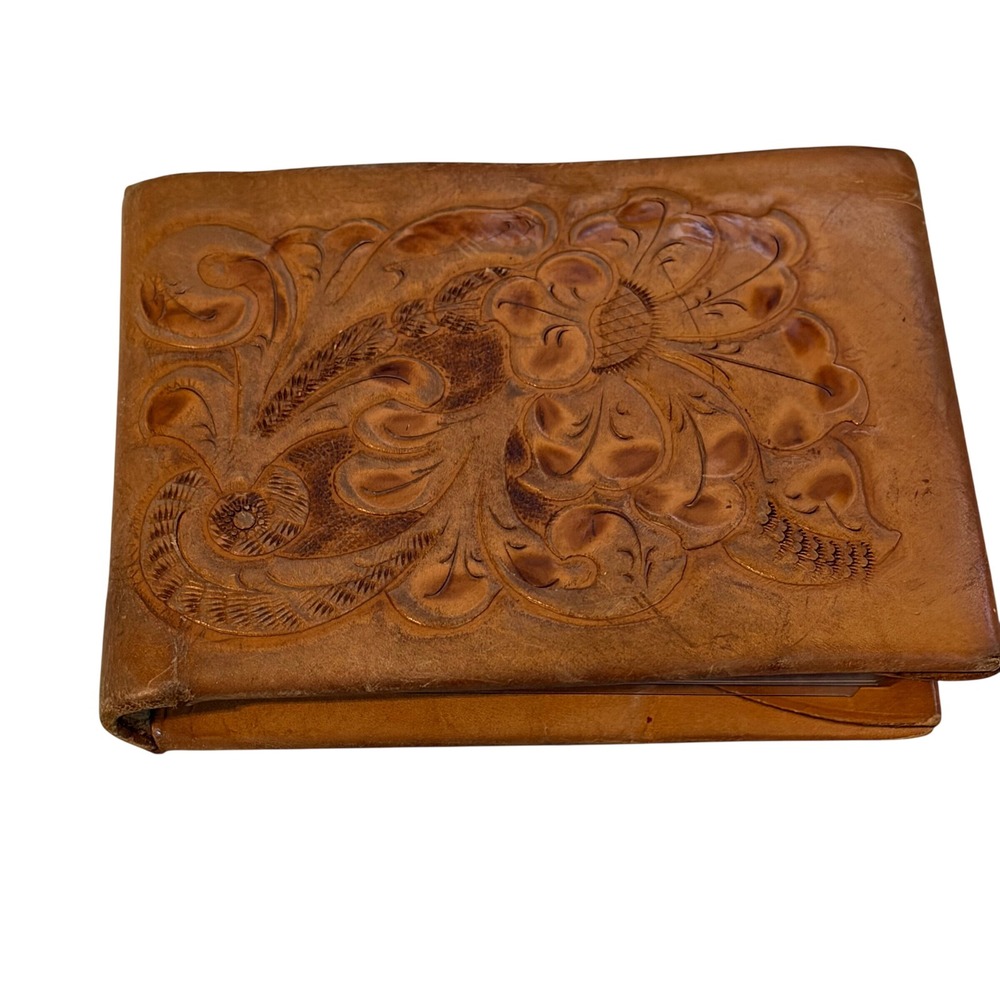 Vintage Hand Tooled Floral Leather Bifold Wallet Tan Western Boho Card Holder